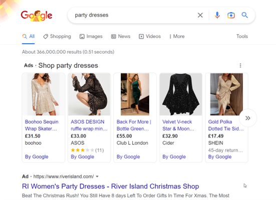google shopping ads for keyphrase party dresses